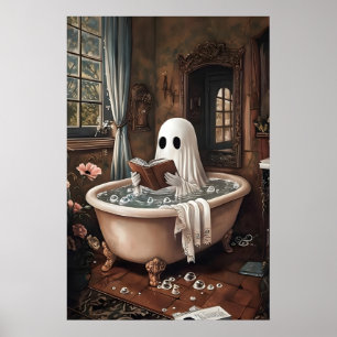 Ghost Reading Book Takes A Bathtub Print, Dark Poster