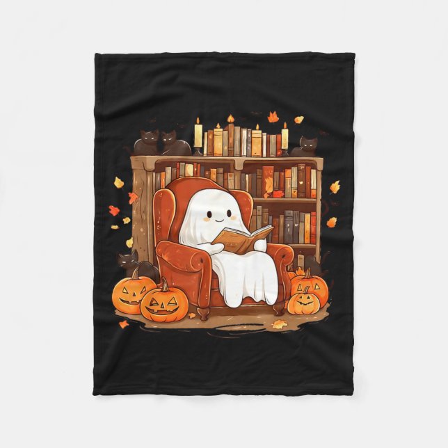 Ghost Reading Book With Black Cat Cute Halloween Fleece Blanket (Front)