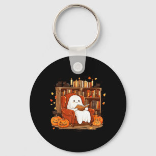 Ghost Reading Book With Black Cat Cute Halloween Key Ring
