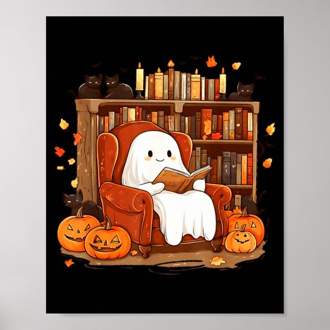 Ghost Reading Book With Black Cat Cute Halloween Poster (Front)