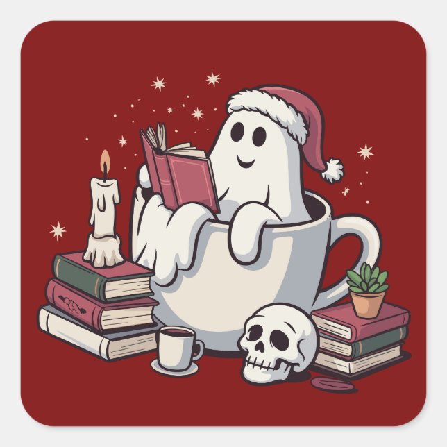 Ghost Reading Books Christmas Teacher Bookworm  Square Sticker (Front)