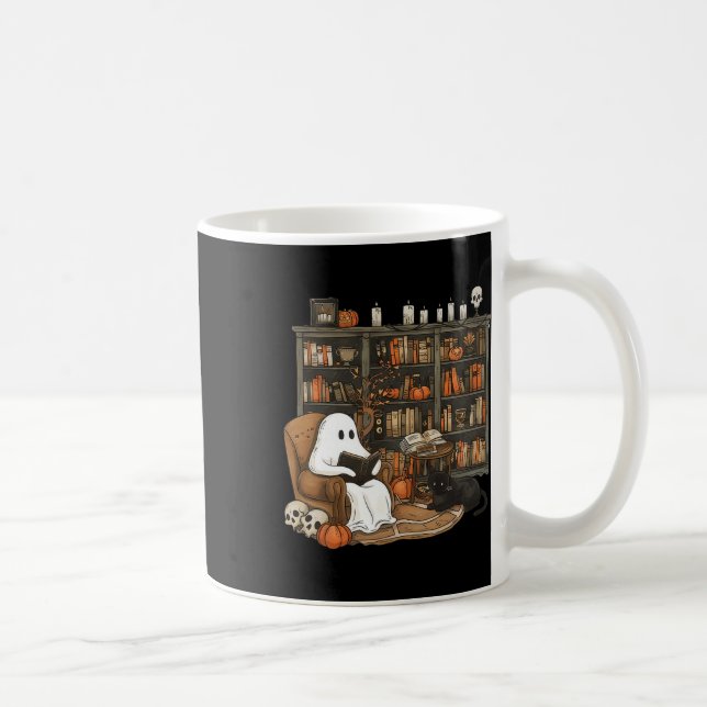 Ghost Reading Books Librarian Teacher Halloween  Coffee Mug (Right)