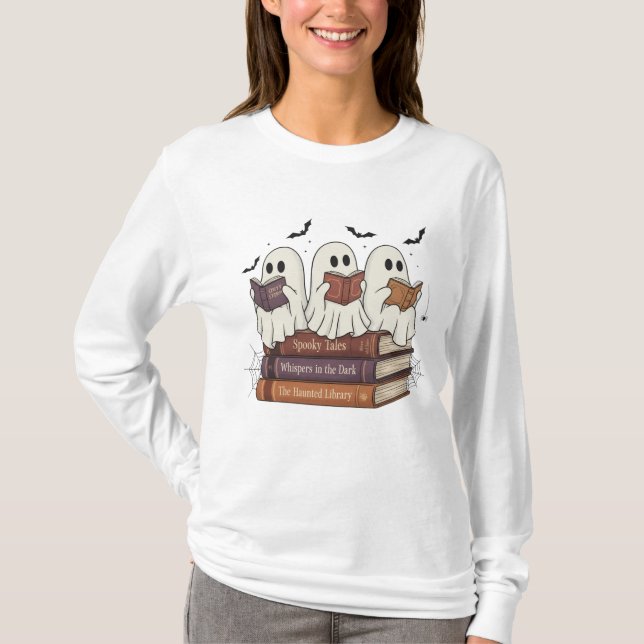 Ghost Reading Bookworm Cosy Long Sleeve Halloween  T-Shirt (Front)