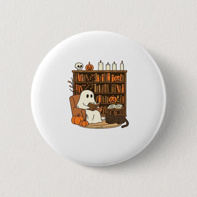 Ghost Reading in Cosy Halloween Library Classic T- 6 Cm Round Badge (Front)