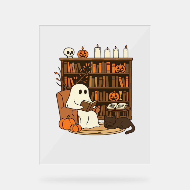 Ghost Reading in Cosy Halloween Library Classic T- Acrylic Sign (Front)