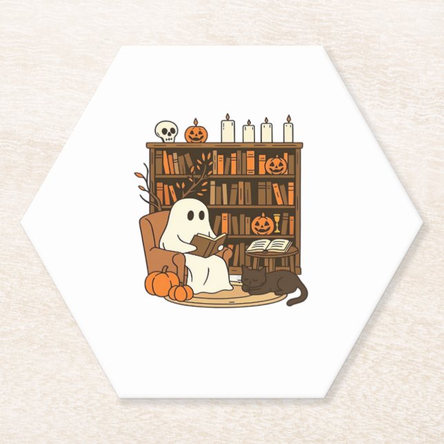 Ghost Reading in Cosy Halloween Library Classic T- Paper Coaster (Front)