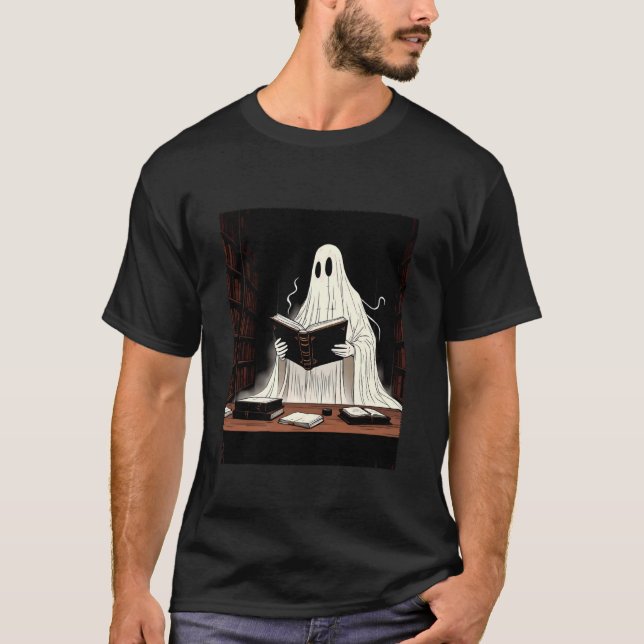 Ghost Reading in Library Scary Book Lover Hallowee T-Shirt (Front)
