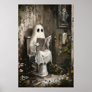 Ghost Reading Newspaper Art Print, Whimsical Poster