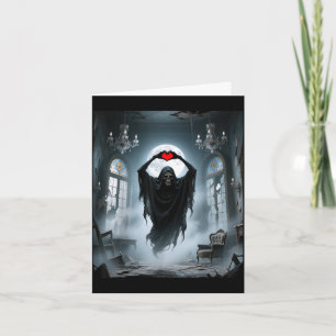 Ghost red heart hands scary face halloween card