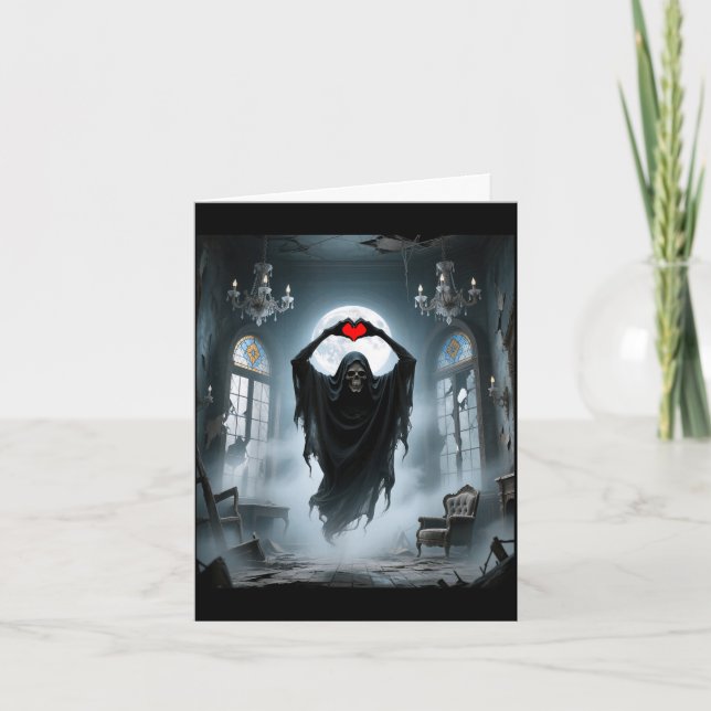 Ghost red heart hands scary face halloween card (Front)