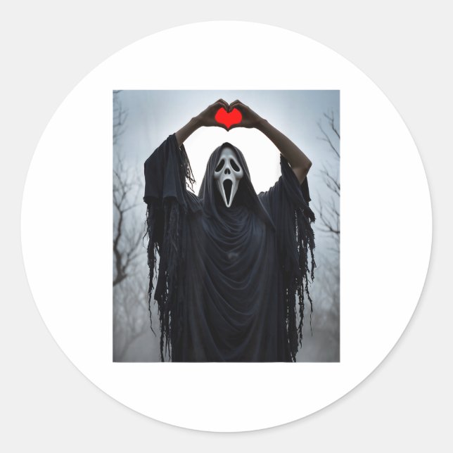 Ghost Red Heart Hands Y Face Halloween Valentines  Classic Round Sticker (Front)