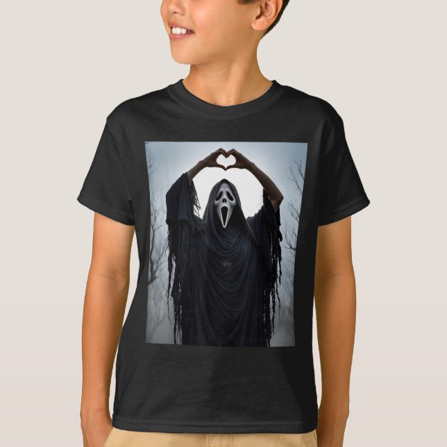 Ghost Red Heart Hands Y Face Halloween Valentines  T-Shirt (Front)