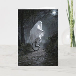 Ghost Riding a Unicycle in a Spooky Forest Card