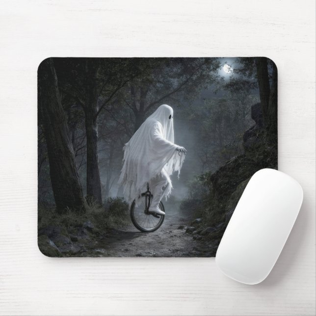 Ghost Riding a Unicycle in a Spooky Forest Mouse Pad (With Mouse)
