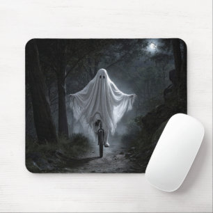 Ghost Riding a Unicycle in a Spooky Forest Mouse Pad