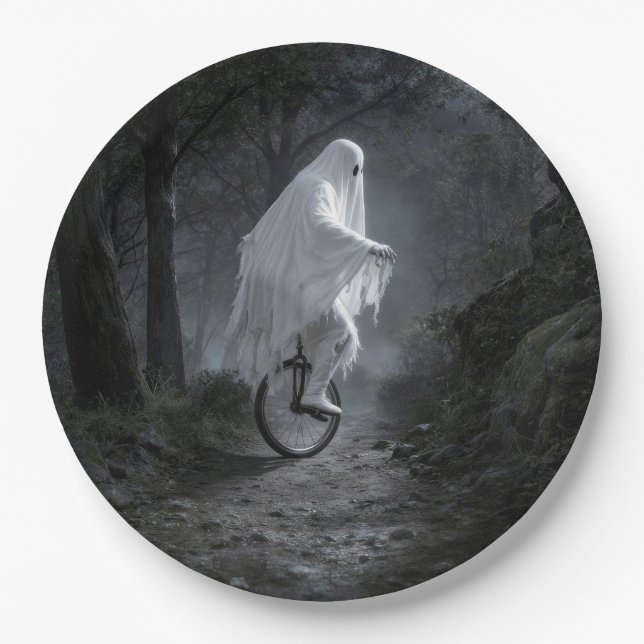 Ghost Riding a Unicycle in a Spooky Forest Paper Plate (Front)