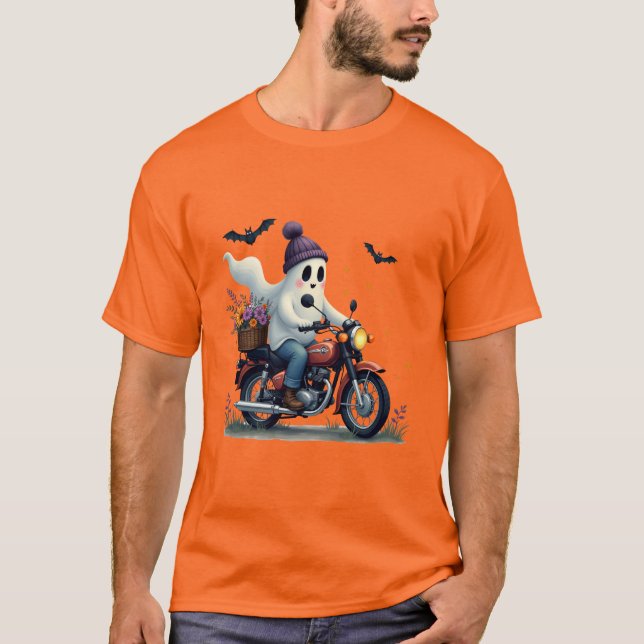 Ghost Riding Motorcycle with Flowers Halloween T-Shirt (Front)
