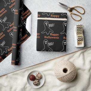 Ghost Saying Boo Happy Halloween Black and Orange Wrapping Paper