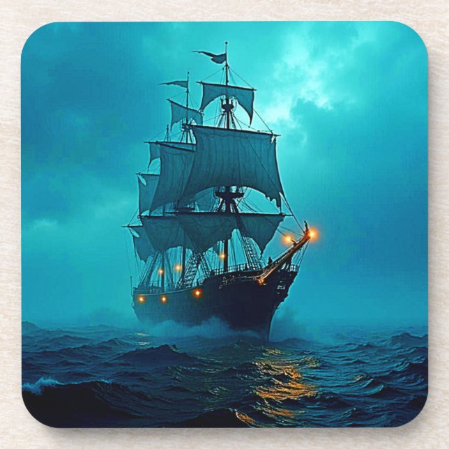 Ghost Ship on the Stormy Seas Design Coaster (Front)