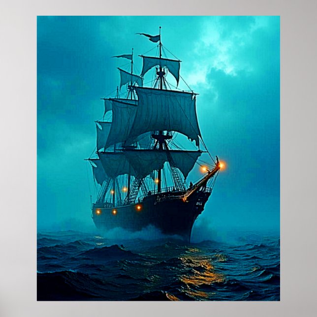 Ghost Ship on the Stormy Seas Design Poster (Front)