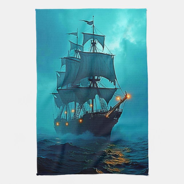 Ghost Ship on the Stormy Seas Design Tea Towel (Vertical)