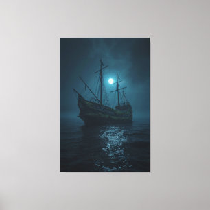 Ghost Ship Under the Moon – Haunted Ocean Night Canvas Print