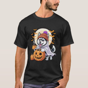 Ghost Siberian Husky Pumpkin Drinks Beanie Fall Ha T-Shirt