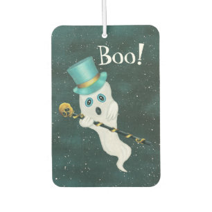 Ghost Silly Face in Sky Blue Top Hat Skull Cane Car Air Freshener