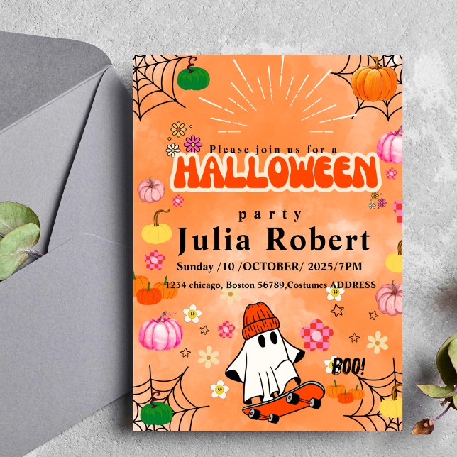 ghost skateboard Halloween pumpkin orange  Invitation (Creator Uploaded)