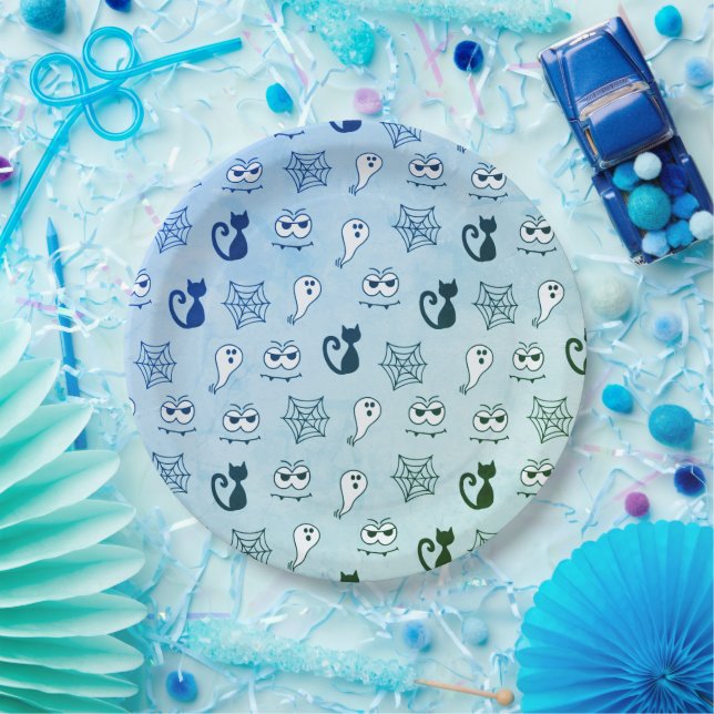 Ghost, Spiderwebs and Black Cats Blue Paper Plate (Party)
