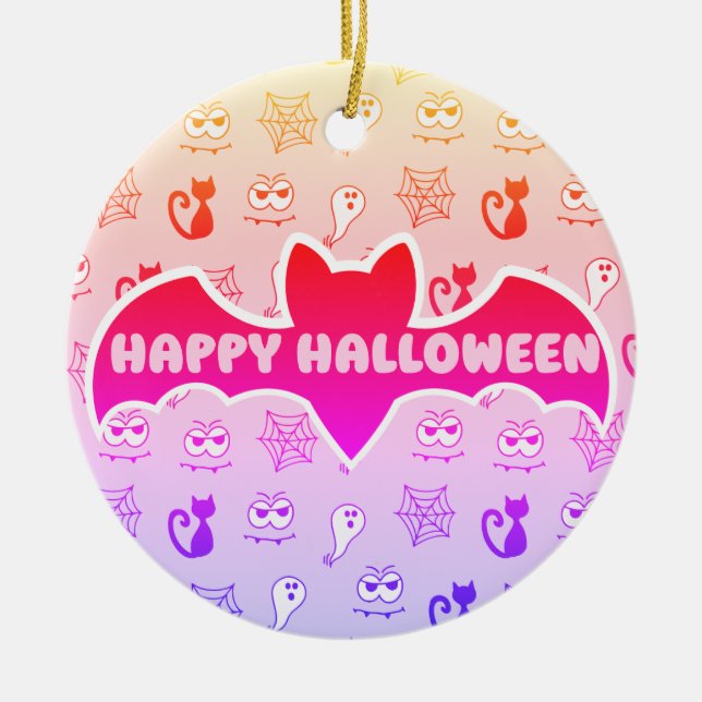 Ghost, Spiderwebs and Black Cats Rainbow Ceramic Tree Decoration (Front)