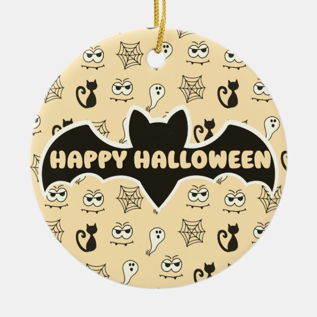 Ghost, Spiderwebs and Black Cats Yellow Ceramic Tree Decoration (Front)