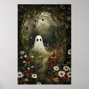 Ghost Strawberry Meadow Print, Whimsical Halloween Poster