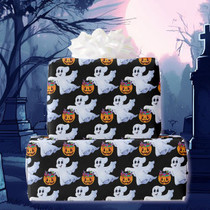 Ghost Trick or Treat Halloween Orange Black Wrapping Paper