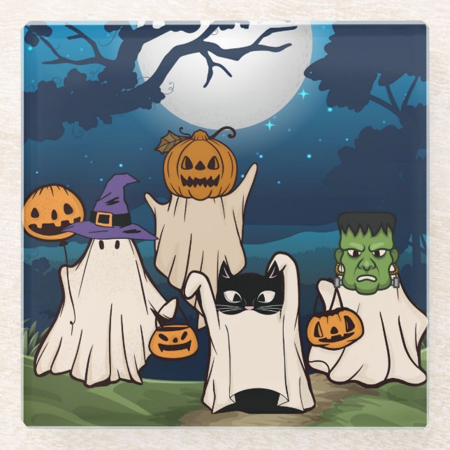 Ghost Trick or Treaters Glass Coaster (Front)