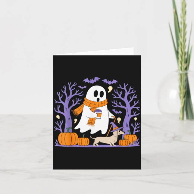 Ghost Walking Dachshund Funny Spooky Season Card (Front)