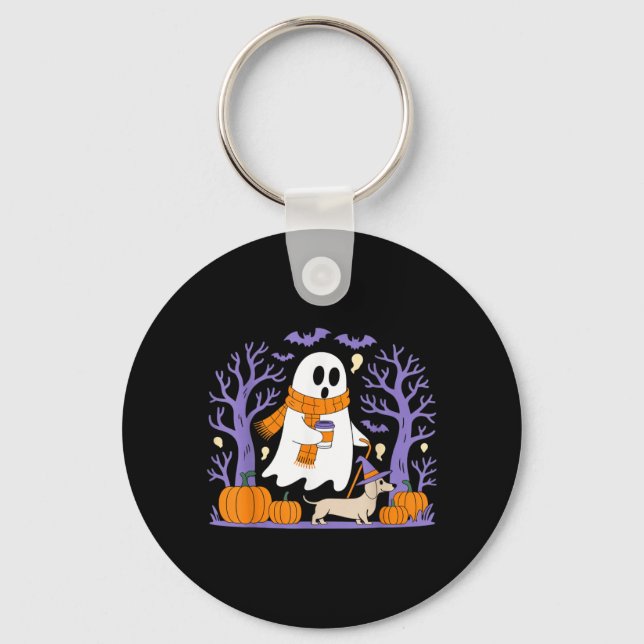 Ghost Walking Dachshund Funny Spooky Season Key Ring (Front)