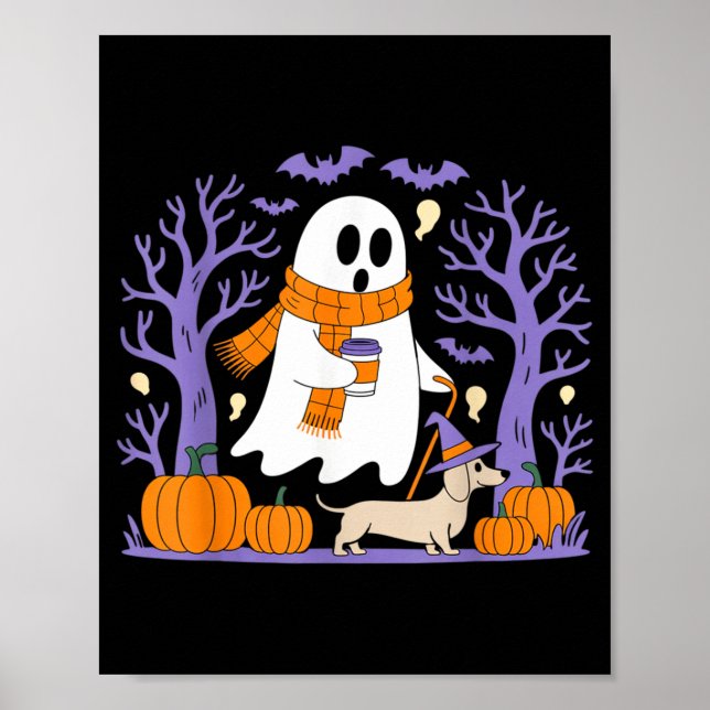 Ghost Walking Dachshund Funny Spooky Season Poster (Front)