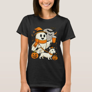 Ghost Walking Dachshund Spooky Season Halloween T-Shirt