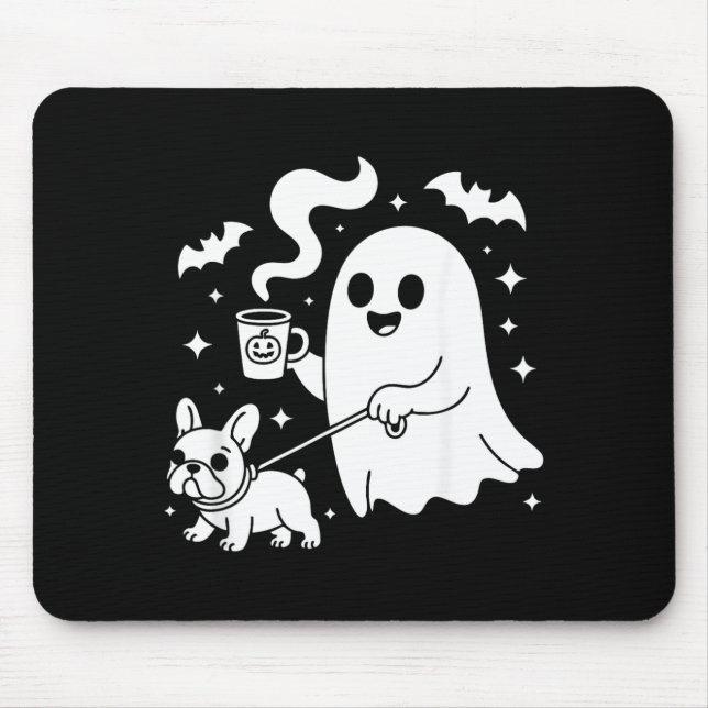Ghost Walking Dog French Bulldog Coffee Halloween Mouse Pad (Front)