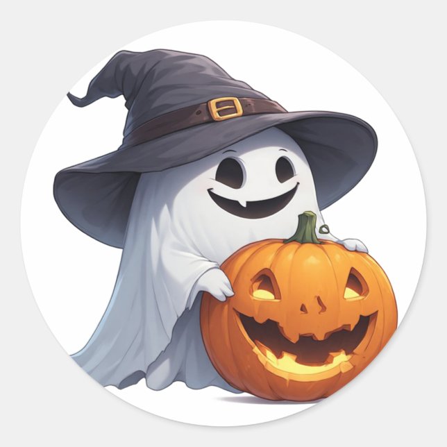 Ghost Witch Hat Pumpkin Halloween Party Accent 🎃 Classic Round Sticker (Front)