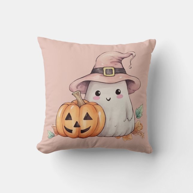 Ghost Witches Hat Pumpkin Light Pink Halloween Cushion (Front)