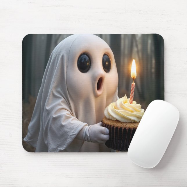 Ghost With a Birthday Cupcake Mouse Pad (With Mouse)