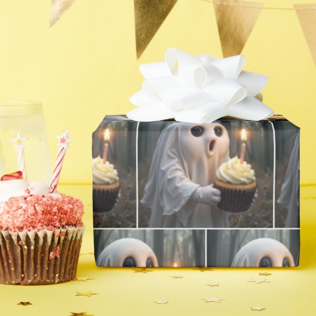 Ghost With a Birthday Cupcake Wrapping Paper (Birthday Party)