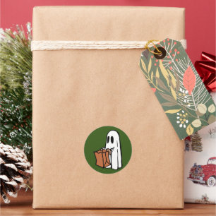 Ghost with Bag Trick or Treating on Dark Green Classic Round Sticker