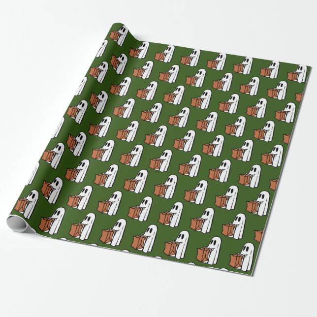Ghost with Bag Trick or Treating on Dark Green  Wrapping Paper (Unrolled)