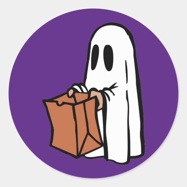 Ghost with Bag Trick or Treating on Purple Classic Round Sticker (Front)