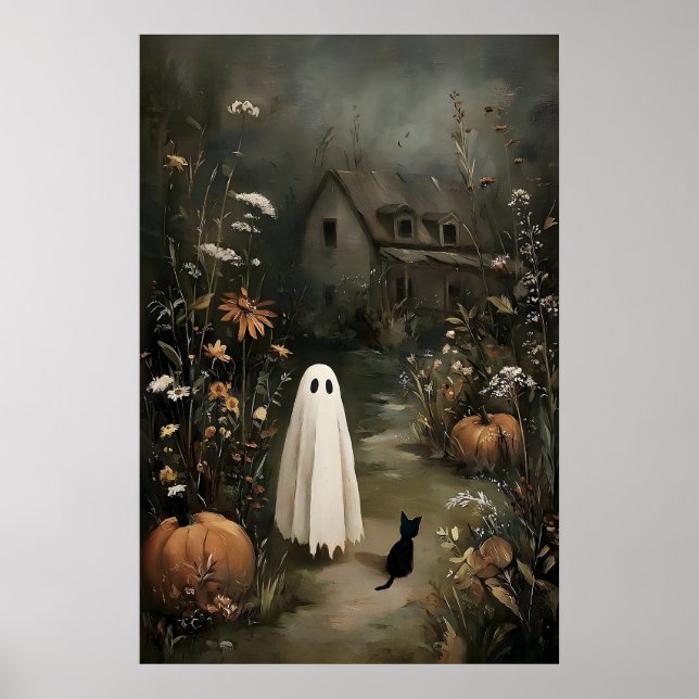 Ghost with Black Cat at Night – Haunted House Poster (Front)