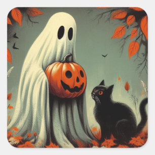 Ghost with Black Cat Retro Halloween  Square Sticker