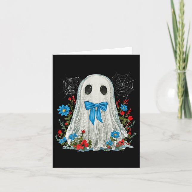 Ghost With Blue Bow Coquette And Flowers Halloween Card (Front)